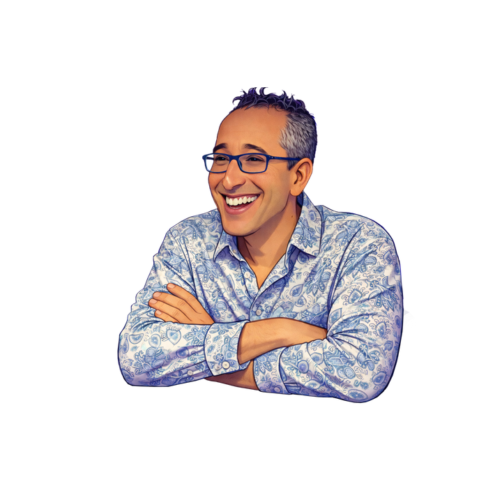 Illustrated portrait of Nathan Jeffay in a blue paisley shirt, arms crossed, smiling.